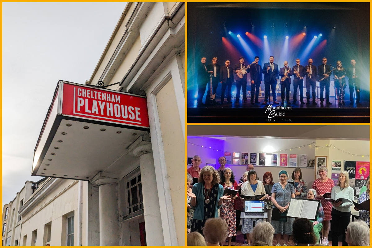 Collage of Cheltenham Playhouse sign, Magnificent Buble, Cheltones